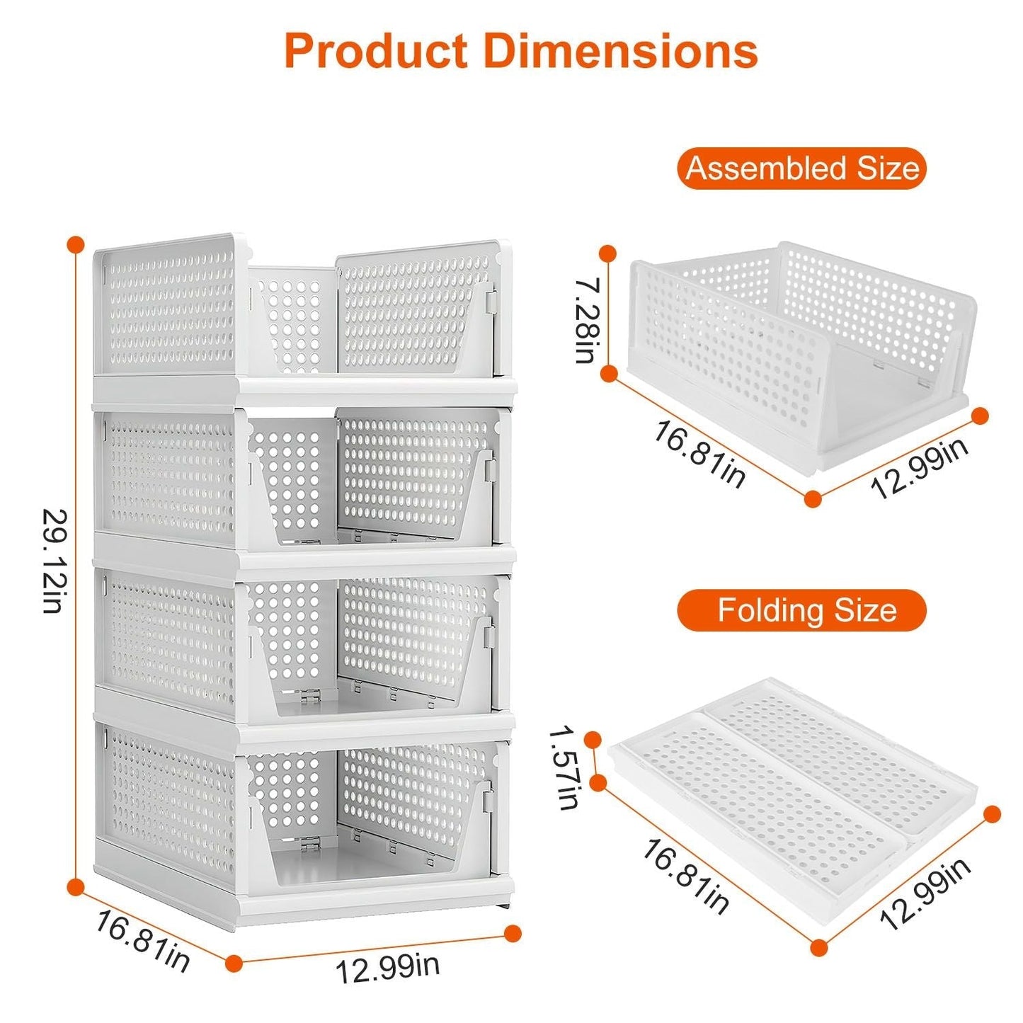 Paquete de 4 cajas organizadoras de plástico para armarios, contenedores de almacenamiento plegables, cajones apilables con riel deslizante, cesta de almacenamiento extraíble para sala de estar, dormitorio, armario, color blanco