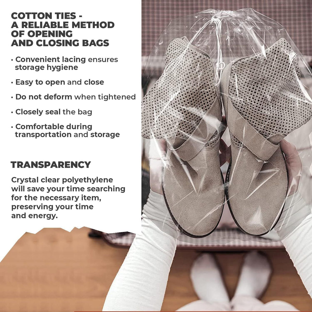Bolsas de viaje transparentes con cordón para zapatos, 30 x 40 cm. Paquete de 100 bolsas antipolvo impermeables para zapatos con cordón doble de algodón. Bolsas de plástico PE de 2 mil con cordón para empacar, almacenar.
