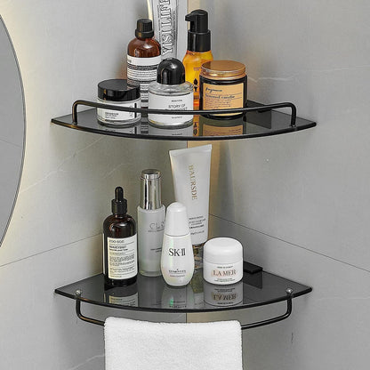 Estante esquinero de cristal para baño, estante de ducha esquinero negro de cristal templado con riel, organizador esquinero de baño, estantes de baño montados en la pared