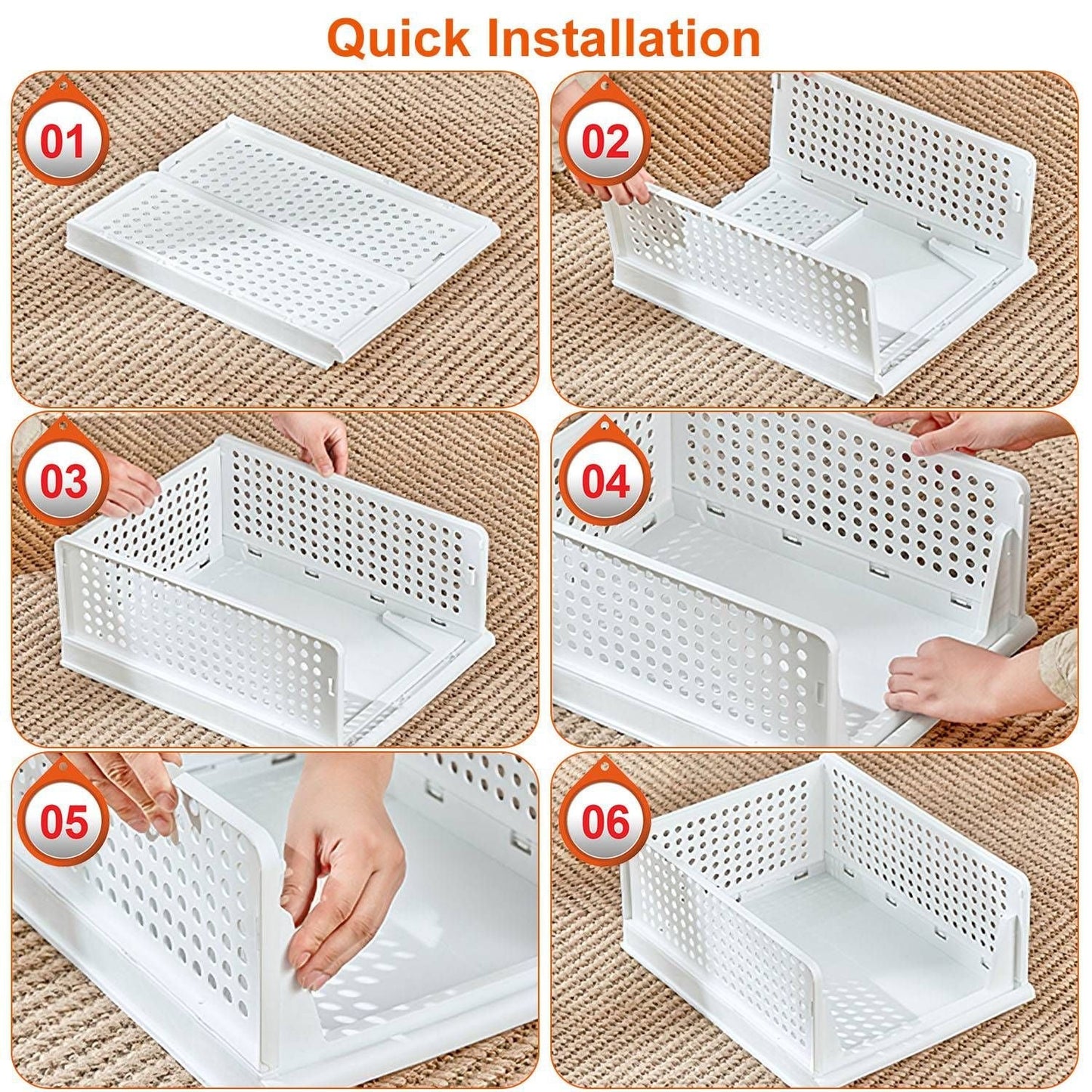 Paquete de 4 cajas organizadoras de plástico para armarios, contenedores de almacenamiento plegables, cajones apilables con riel deslizante, cesta de almacenamiento extraíble para sala de estar, dormitorio, armario, color blanco