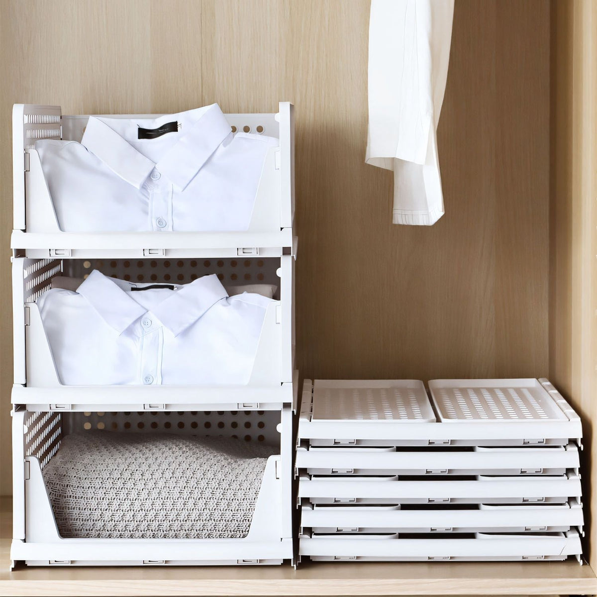 Paquete de 4 cajas organizadoras de plástico para armarios, contenedores de almacenamiento plegables, cajones apilables con riel deslizante, cesta de almacenamiento extraíble para sala de estar, dormitorio, armario, color blanco