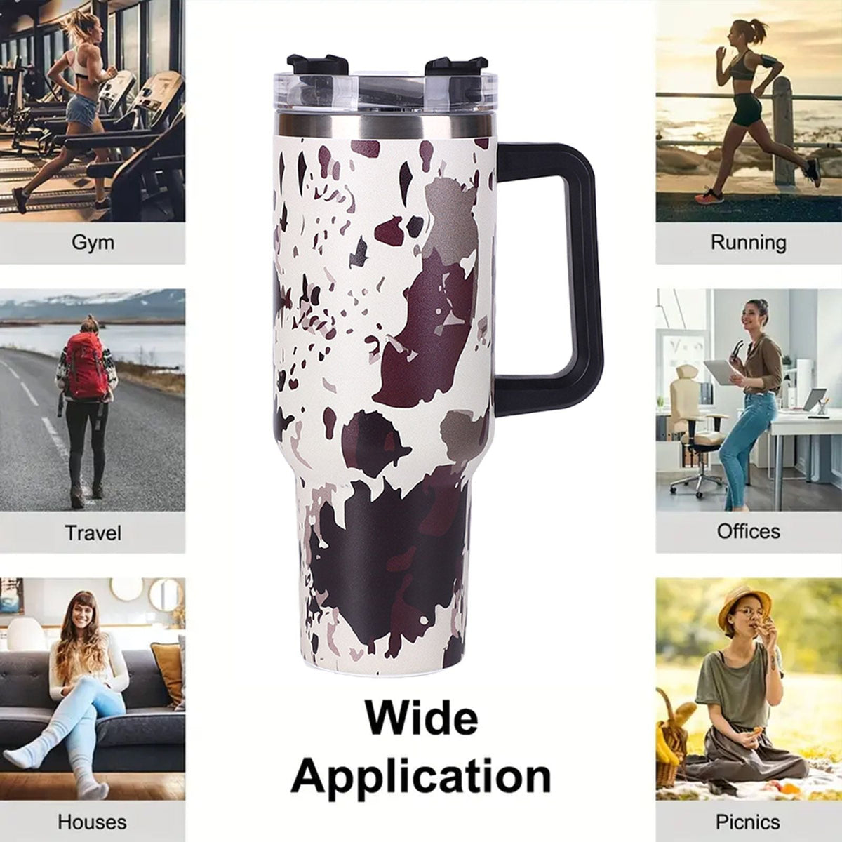 40oz 5D cowprint Insulated Tumbler With Handle And Straw Lid Portable Large Capacity water bottle, Heat preservation,304 Stainless Steel Cup For Outdoor Sports, Travel & Camping Birthday Gift