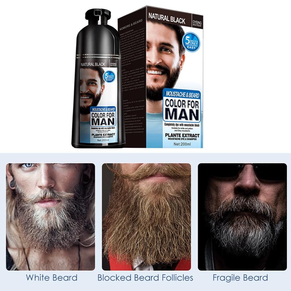 Champú Tinte para Barba para Hombres, Tinte Permanente Natural para Barba, Tiñe el Cabello en Minutos, Larga Duración, 200 ml, Cuidado Capilar Tinte Negro
