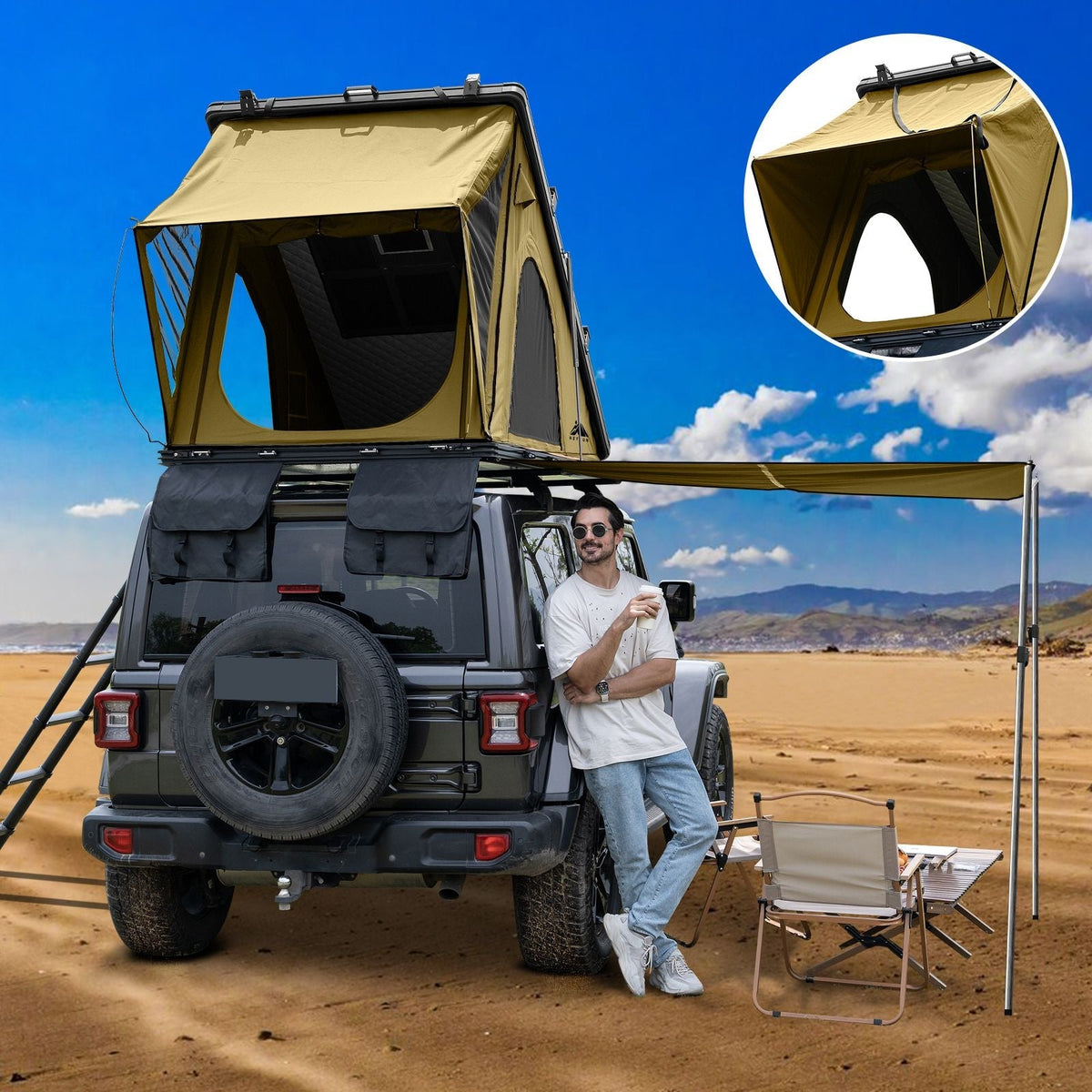 Explorer Plus Tienda de Techo Rígida con Toldo Lateral, Salida de Aire Acondicionado con Soporte, Portaequipajes y Cortina de Lluvia de Malla Reemplazable, Tienda para Caja de Camioneta para Camping, Tienda de Techo para SUV con Apertura Automática