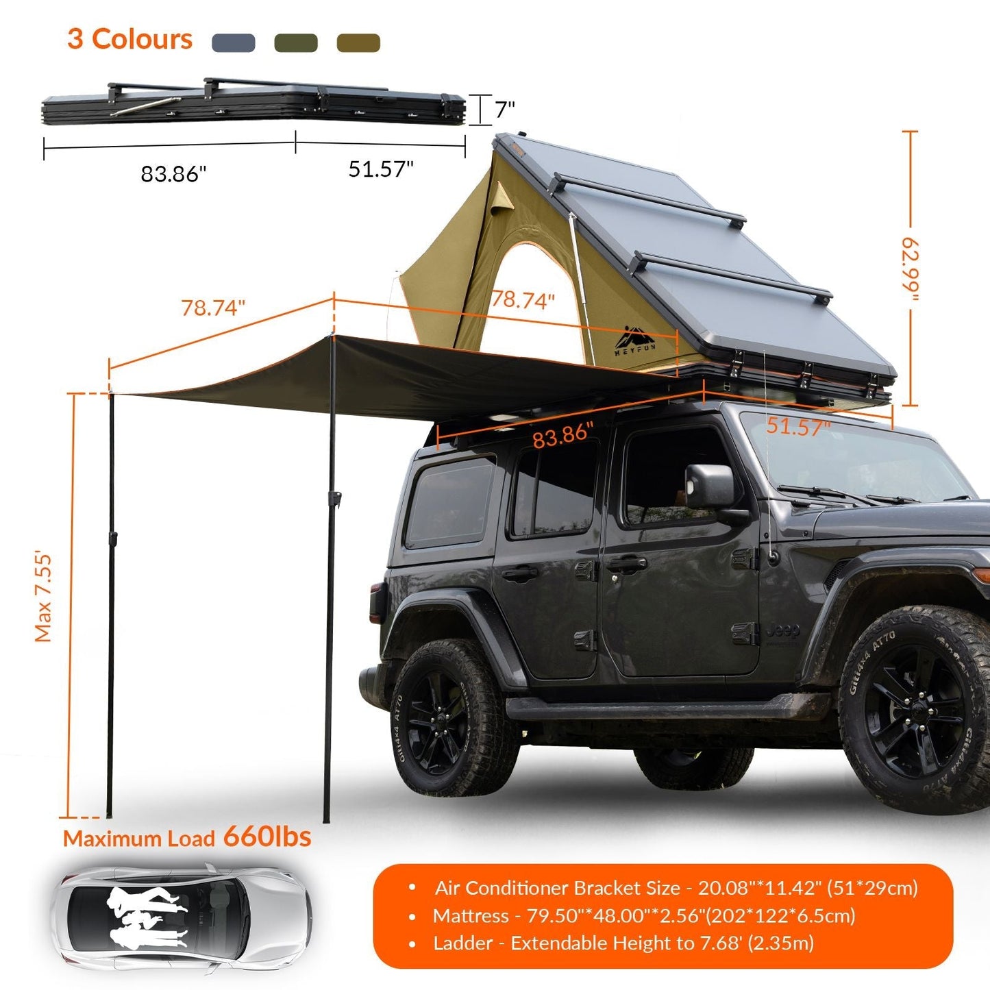 Explorer Plus Tienda de Techo Rígida con Toldo Lateral, Salida de Aire Acondicionado con Soporte, Portaequipajes y Cortina de Lluvia de Malla Reemplazable, Tienda para Caja de Camioneta para Camping, Tienda de Techo para SUV con Apertura Automática