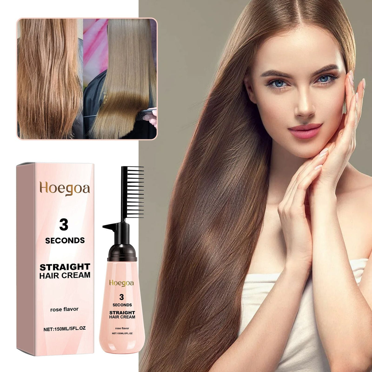 Alisador de Pelo Rose Smoothing de Hoegoa: Alisa el cabello sin apelmazar, repara el cabello seco y las puntas abiertas, e hidrata ligeramente.