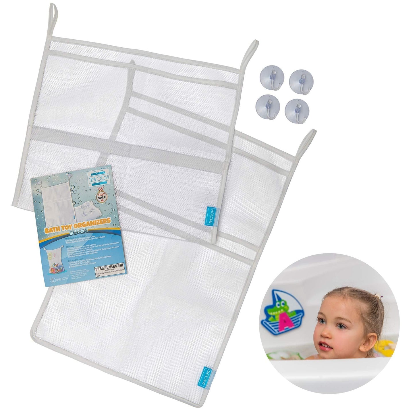 Juego de 2 organizadores de juguetes de baño de gran tamaño de 36 x 50 cm y 40 x 50 cm, bolsas de malla para juguetes de bañera de bebé, 4 ventosas fuertes, soporte para carrito de ducha de baño multiusos para niños pequeños