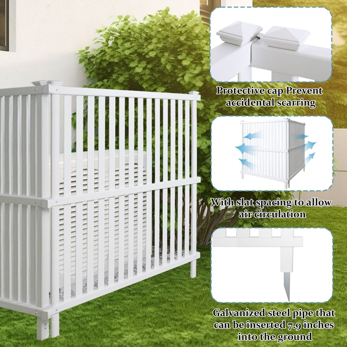 Valla para Aire Acondicionado, Panel de Vinilo Blanco para Valla de Privacidad de Cubos de Basura para Exterior, Cerramiento para Equipos de Piscina Exterior con Estacas Metálicas, (Paquete de 2)
