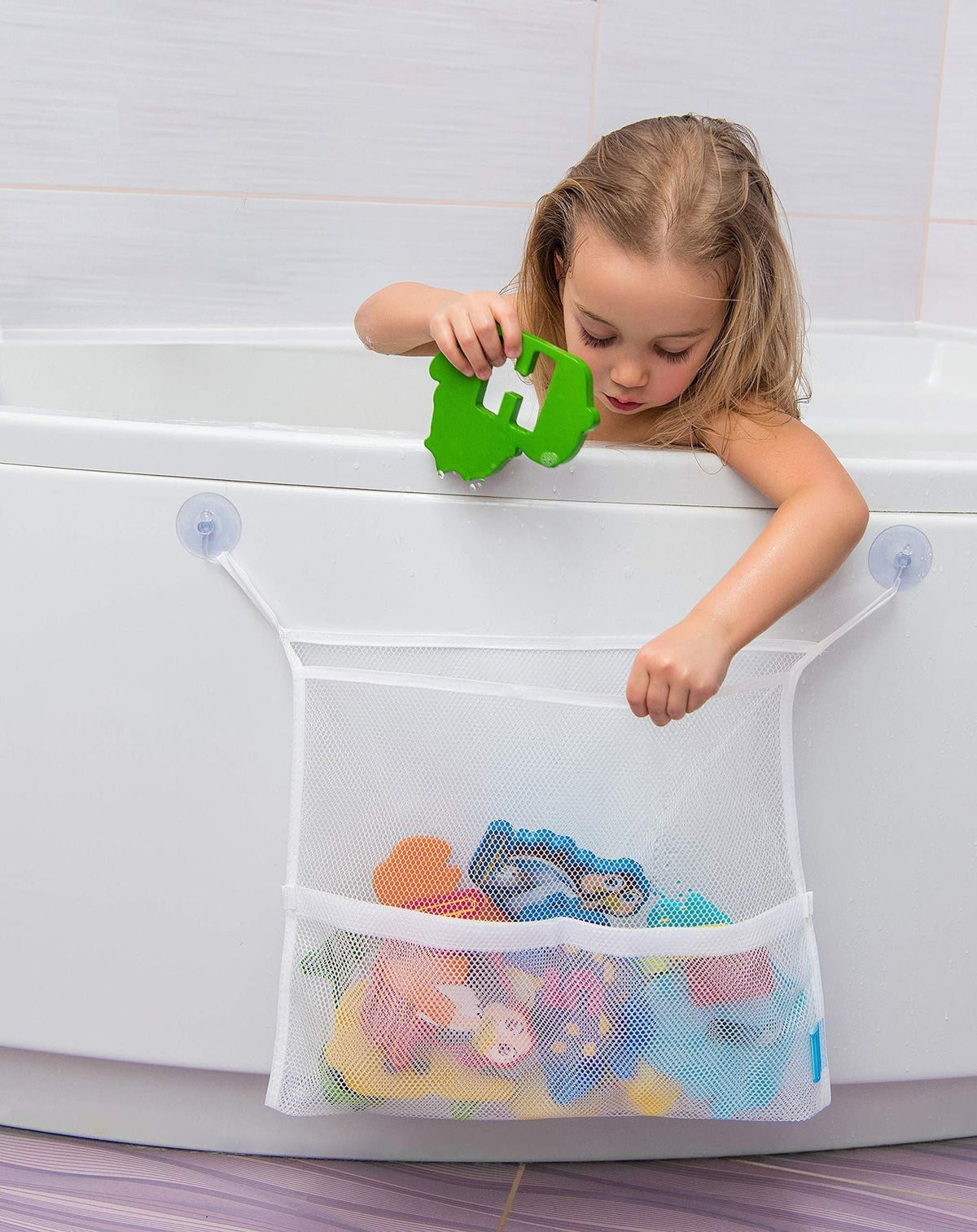Juego de 2 organizadores de juguetes de baño de gran tamaño de 36 x 50 cm y 40 x 50 cm, bolsas de malla para juguetes de bañera de bebé, 4 ventosas fuertes, soporte para carrito de ducha de baño multiusos para niños pequeños