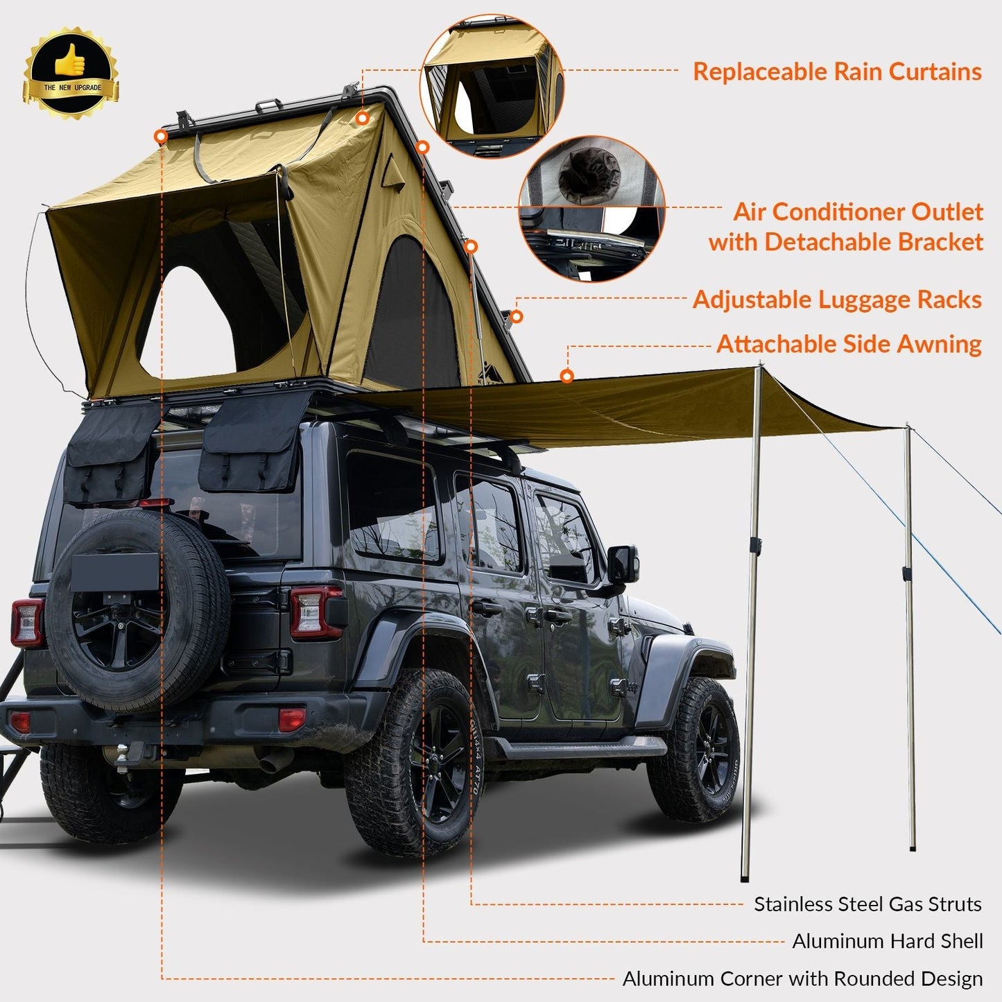 Explorer Plus Tienda de Techo Rígida con Toldo Lateral, Salida de Aire Acondicionado con Soporte, Portaequipajes y Cortina de Lluvia de Malla Reemplazable, Tienda para Caja de Camioneta para Camping, Tienda de Techo para SUV con Apertura Automática