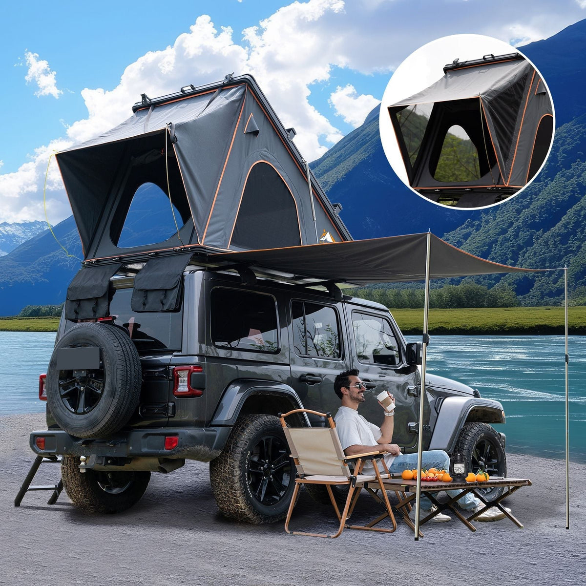 Explorer Plus Tienda de Techo Rígida con Toldo Lateral, Salida de Aire Acondicionado con Soporte, Portaequipajes y Cortina de Lluvia de Malla Reemplazable, Tienda para Caja de Camioneta para Camping, Tienda de Techo para SUV con Apertura Automática