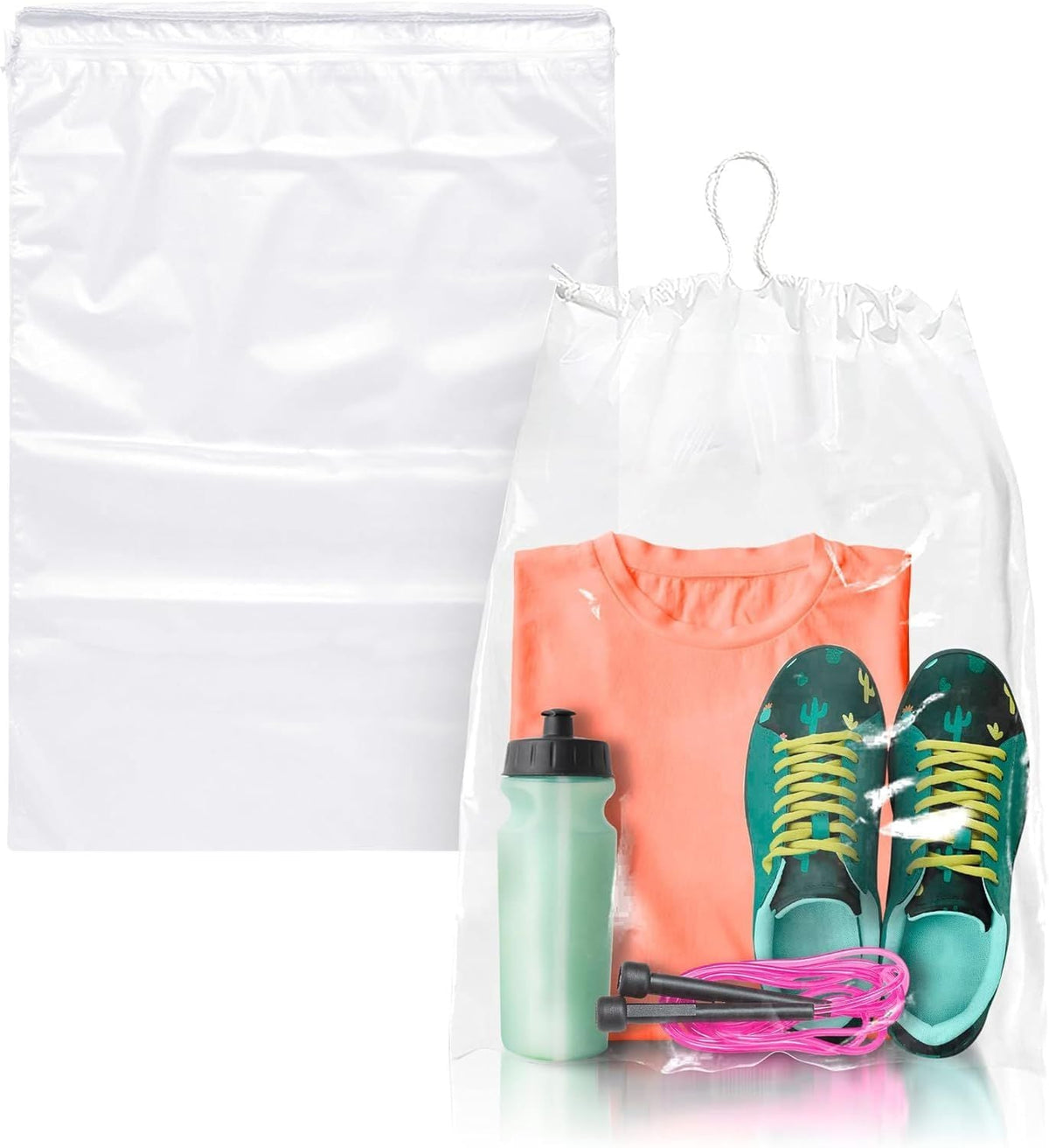 Bolsas de viaje transparentes con cordón para zapatos, 30 x 40 cm. Paquete de 100 bolsas antipolvo impermeables para zapatos con cordón doble de algodón. Bolsas de plástico PE de 2 mil con cordón para empacar, almacenar.