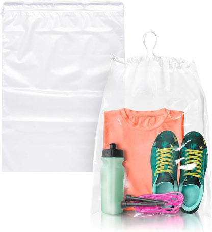 Bolsas de viaje transparentes con cordón para zapatos, 30 x 40 cm. Paquete de 100 bolsas antipolvo impermeables para zapatos con cordón doble de algodón. Bolsas de plástico PE de 2 mil con cordón para empacar, almacenar.