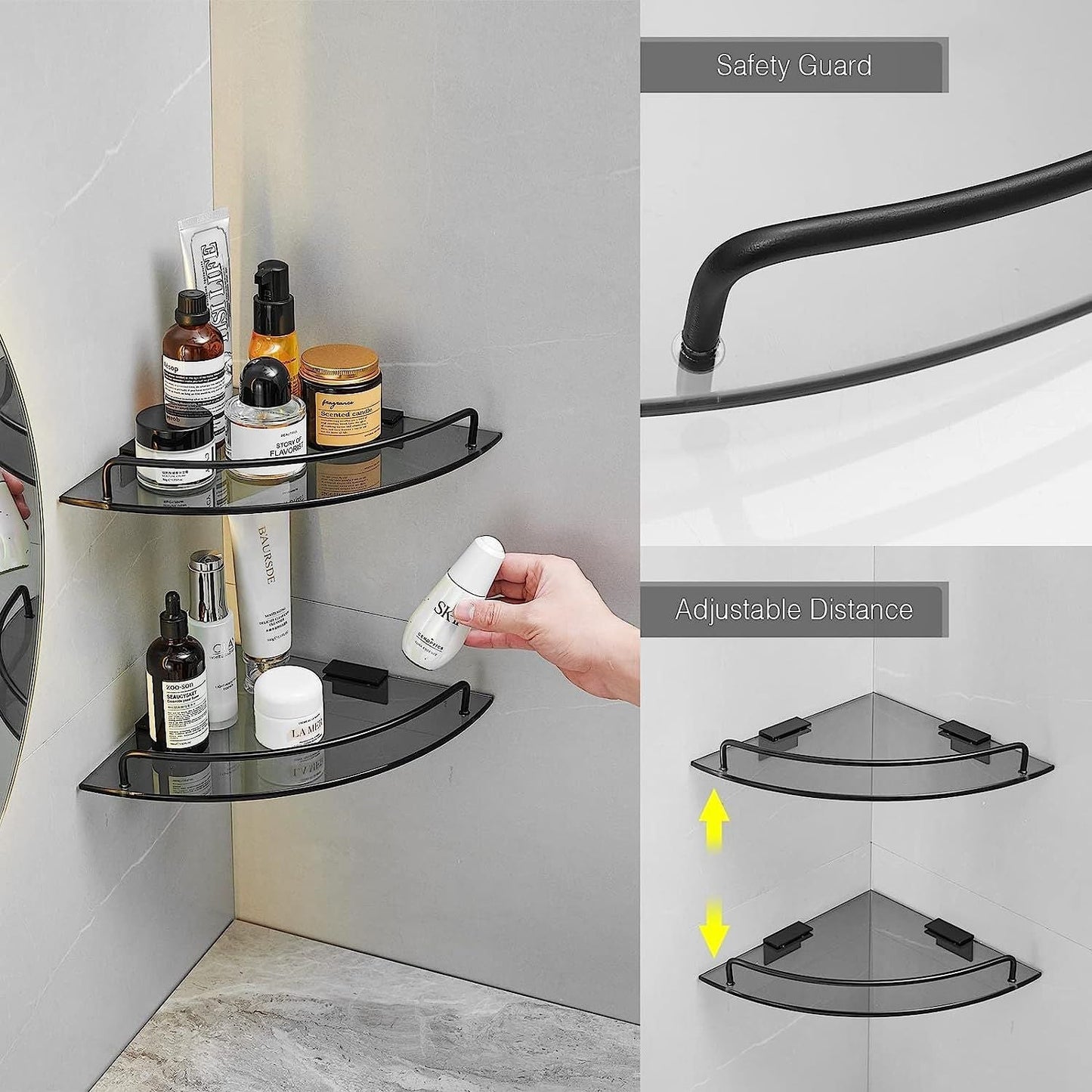 Estante esquinero de cristal para baño, estante de ducha esquinero negro de cristal templado con riel, organizador esquinero de baño, estantes de baño montados en la pared