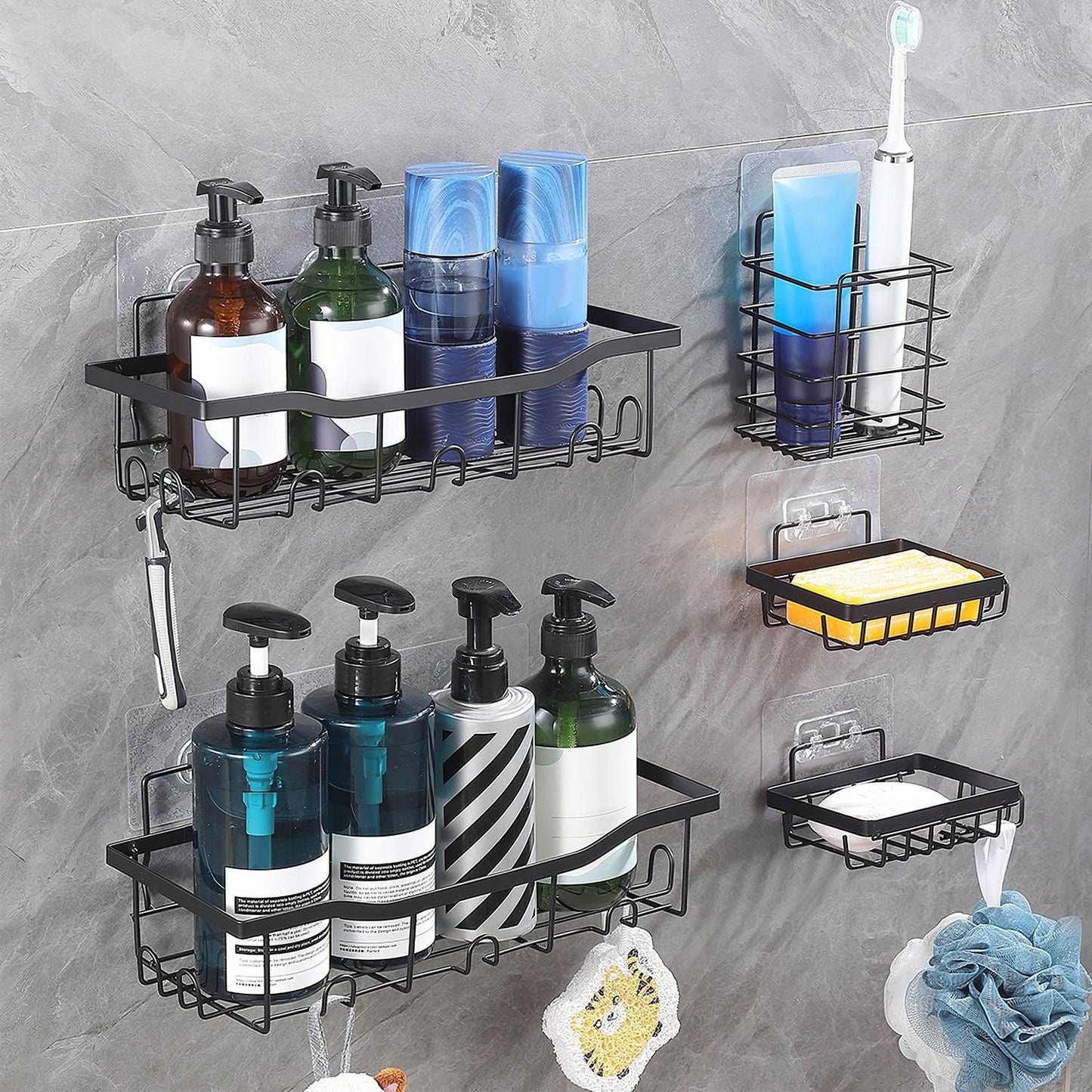Estantes para ducha (paquete de 5) con 18 ganchos incorporados, estantes de almacenamiento a prueba de óxido para montar en la pared para baño, dormitorio, cocina, organizador de baño adhesivo para champú, cepillo de dientes y jabón