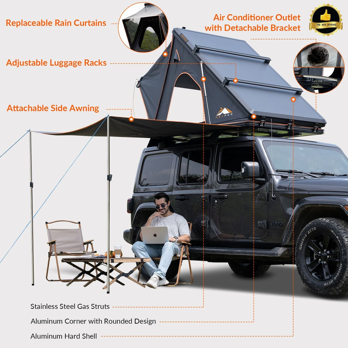 Explorer Plus Tienda de Techo Rígida con Toldo Lateral, Salida de Aire Acondicionado con Soporte, Portaequipajes y Cortina de Lluvia de Malla Reemplazable, Tienda para Caja de Camioneta para Camping, Tienda de Techo para SUV con Apertura Automática
