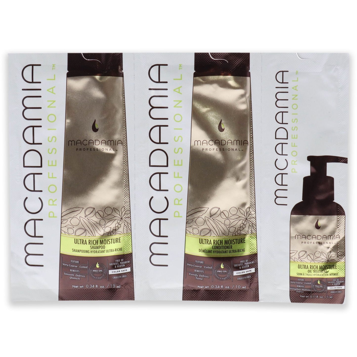 Set de Tratamiento de Humedad Ultra Rico Profesional de Aceite de Macadamia para Unisex - Kit de 3 Piezas Champú de 0.34oz, Acondicionador de 0.34oz, Tratamiento de Aceite de 0.17oz