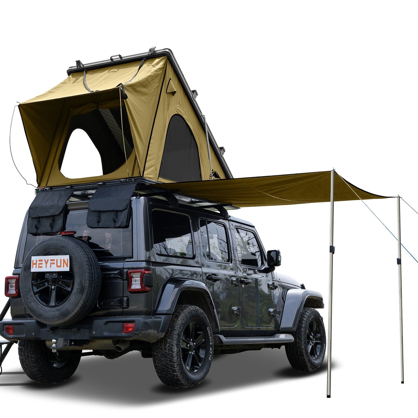 Explorer Plus Tienda de Techo Rígida con Toldo Lateral, Salida de Aire Acondicionado con Soporte, Portaequipajes y Cortina de Lluvia de Malla Reemplazable, Tienda para Caja de Camioneta para Camping, Tienda de Techo para SUV con Apertura Automática