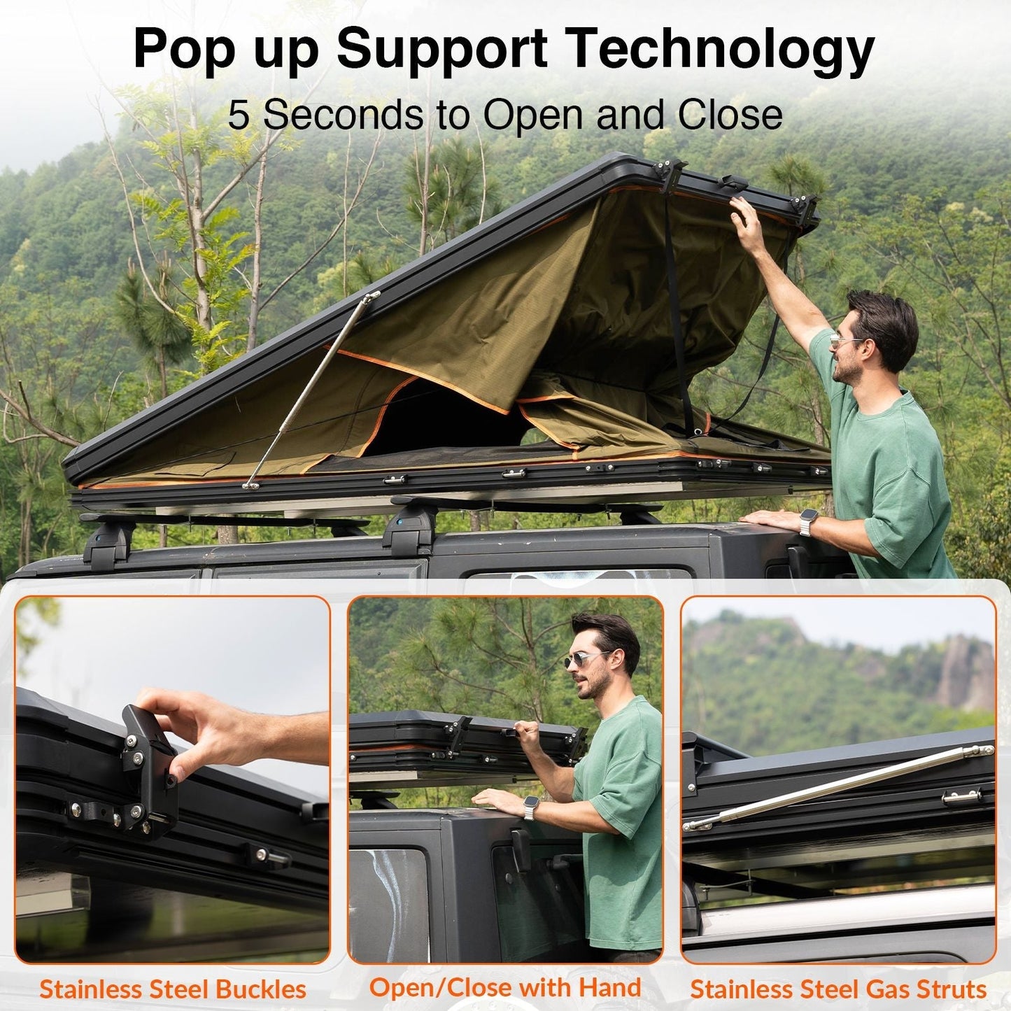 Explorer Plus Tienda de Techo Rígida con Toldo Lateral, Salida de Aire Acondicionado con Soporte, Portaequipajes y Cortina de Lluvia de Malla Reemplazable, Tienda para Caja de Camioneta para Camping, Tienda de Techo para SUV con Apertura Automática