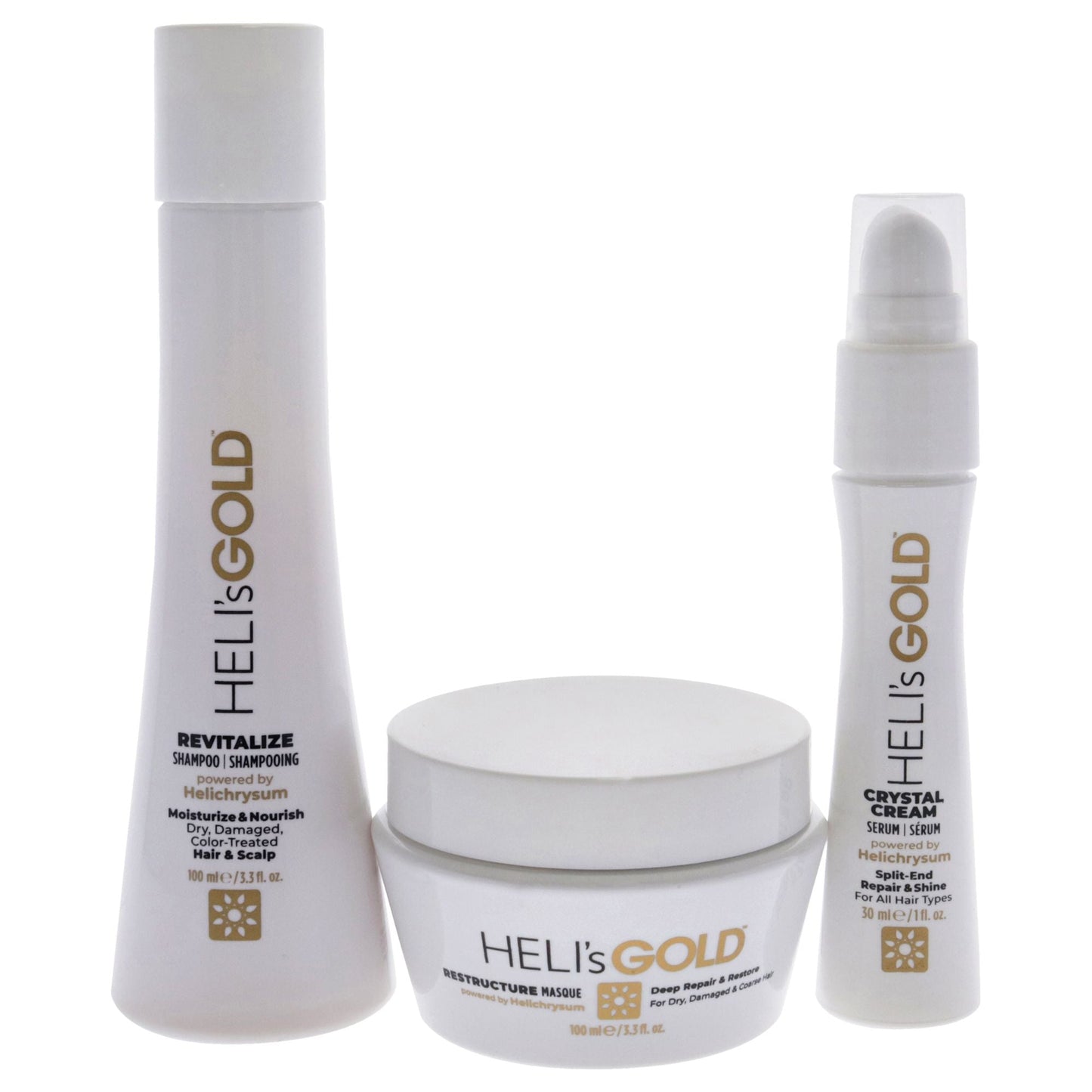 El kit de viaje Revival Series de Helis Gold unisex - 3 piezas: champú revitalizante de 3.3oz, mascarilla reestructurante de 3.3oz, crema Crystal de 1oz