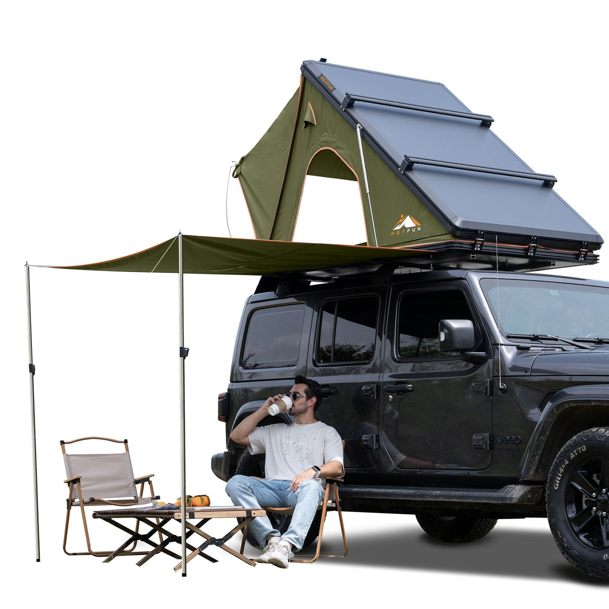 Explorer Plus Tienda de Techo Rígida con Toldo Lateral, Salida de Aire Acondicionado con Soporte, Portaequipajes y Cortina de Lluvia de Malla Reemplazable, Tienda para Caja de Camioneta para Camping, Tienda de Techo para SUV con Apertura Automática