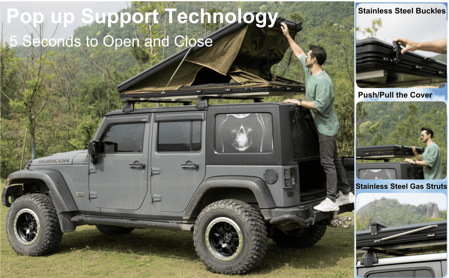 Explorer Plus Tienda de Techo Rígida con Toldo Lateral, Salida de Aire Acondicionado con Soporte, Portaequipajes y Cortina de Lluvia de Malla Reemplazable, Tienda para Caja de Camioneta para Camping, Tienda de Techo para SUV con Apertura Automática