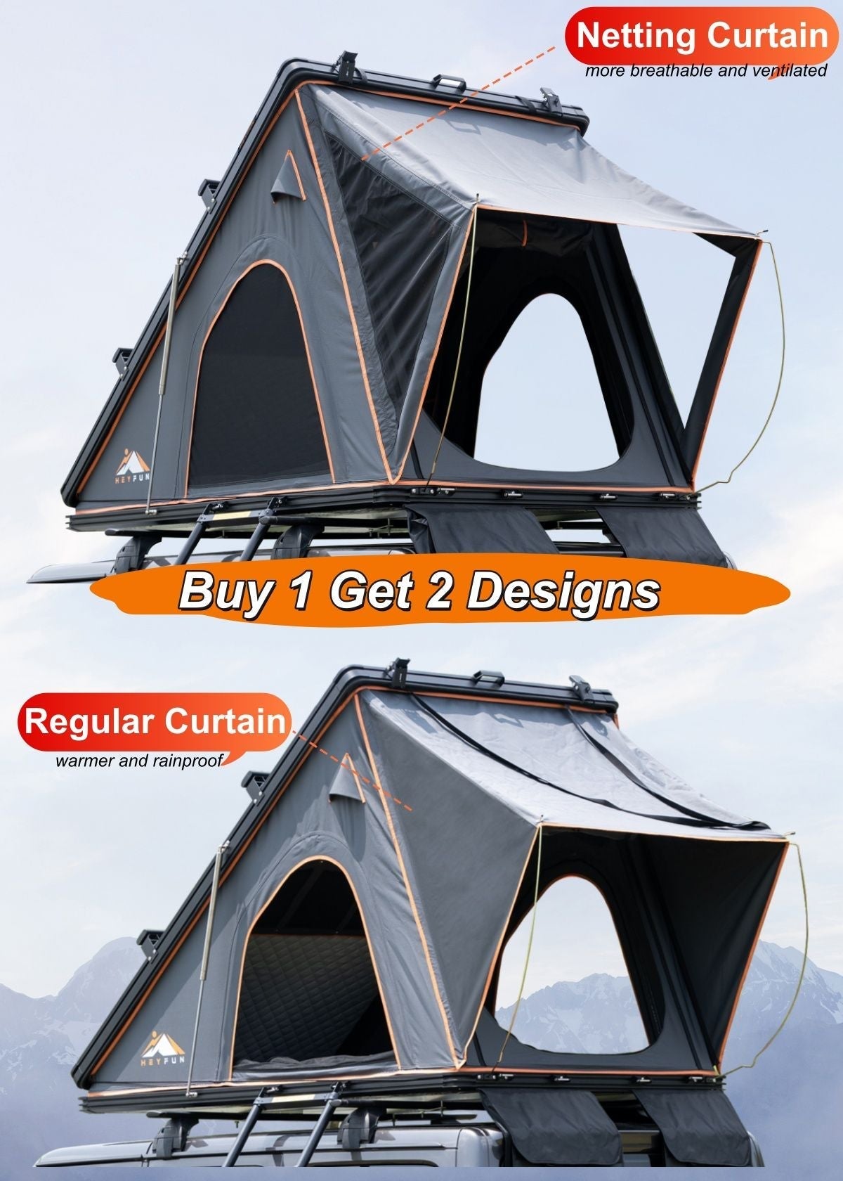 Explorer Plus Tienda de Techo Rígida con Toldo Lateral, Salida de Aire Acondicionado con Soporte, Portaequipajes y Cortina de Lluvia de Malla Reemplazable, Tienda para Caja de Camioneta para Camping, Tienda de Techo para SUV con Apertura Automática