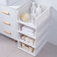 Paquete de 4 cajas organizadoras de plástico para armarios, contenedores de almacenamiento plegables, cajones apilables con riel deslizante, cesta de almacenamiento extraíble para sala de estar, dormitorio, armario, color blanco