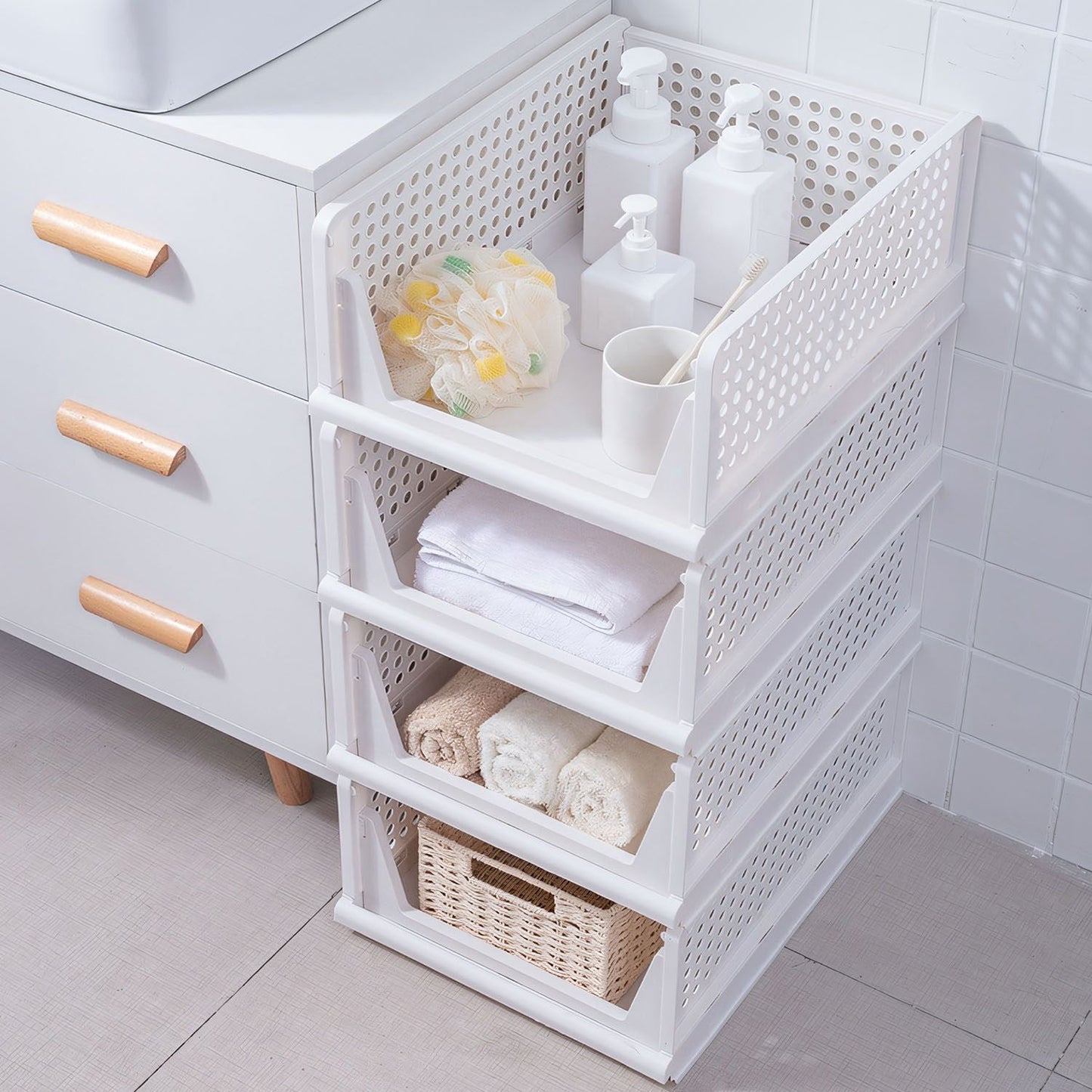 Paquete de 4 cajas organizadoras de plástico para armarios, contenedores de almacenamiento plegables, cajones apilables con riel deslizante, cesta de almacenamiento extraíble para sala de estar, dormitorio, armario, color blanco