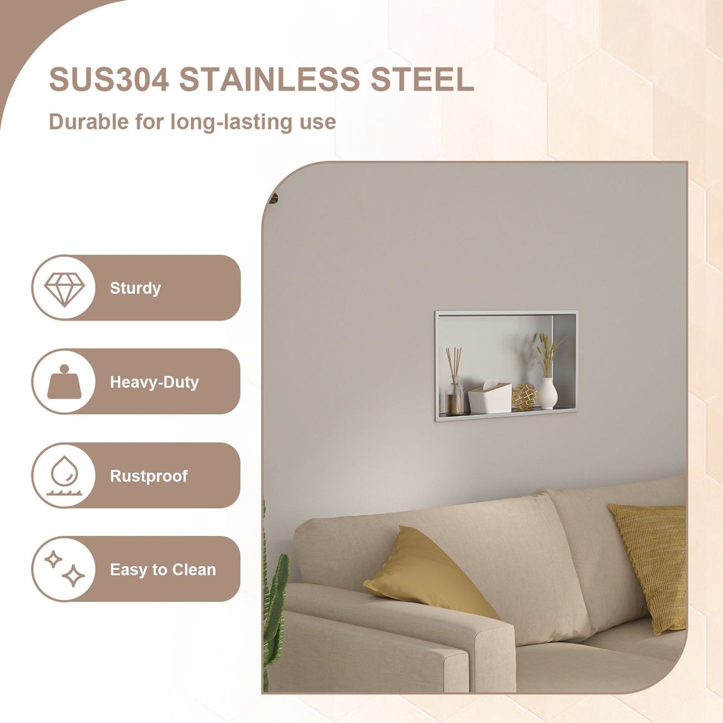 Brushed Stainless Steel Wall Shower  Niche , Double Recessed Shower Shelf for Bathroom