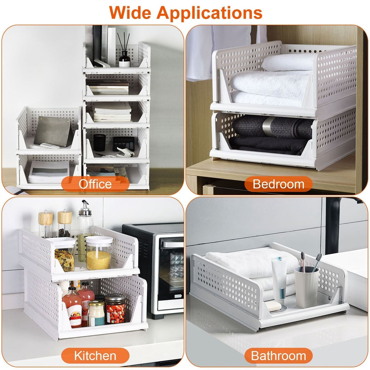 Paquete de 4 cajas organizadoras de plástico para armarios, contenedores de almacenamiento plegables, cajones apilables con riel deslizante, cesta de almacenamiento extraíble para sala de estar, dormitorio, armario, color blanco
