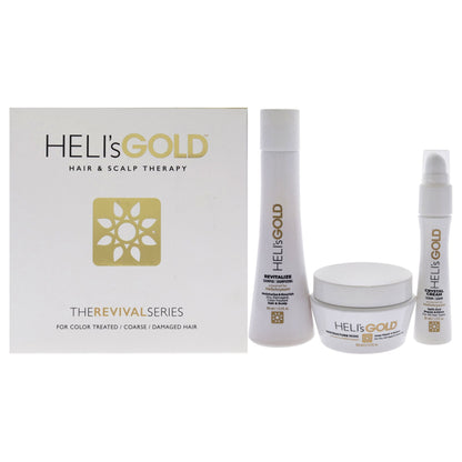 El kit de viaje Revival Series de Helis Gold unisex - 3 piezas: champú revitalizante de 3.3oz, mascarilla reestructurante de 3.3oz, crema Crystal de 1oz
