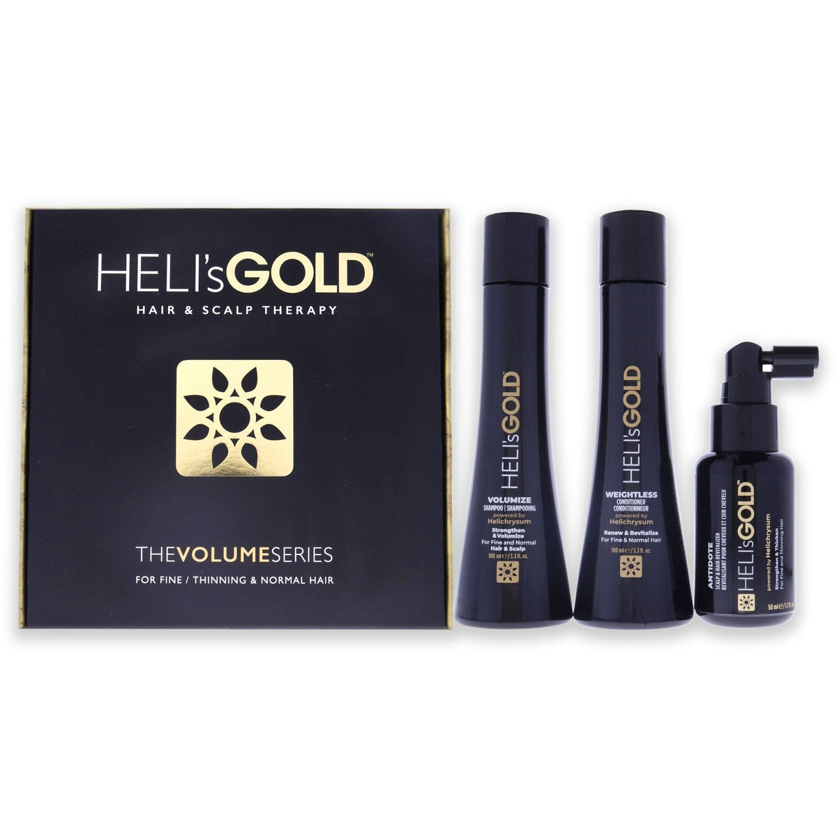 Kit de Viaje Serie Volumen de Helis Gold para Unisex - Acondicionador Ligero de 3.3oz, Champú Voluminizador de 3.3oz, Revitalizador para Cuero Cabelludo y Cabello Antídoto de 1.7oz