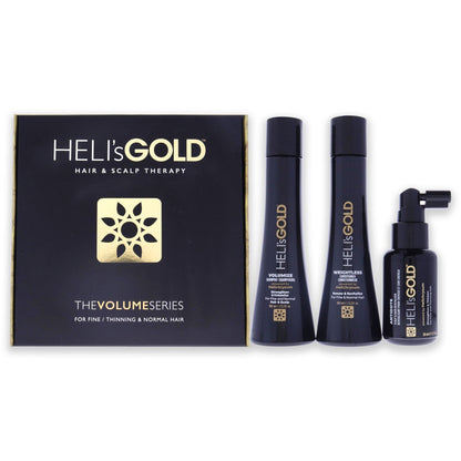Kit de Viaje Serie Volumen de Helis Gold para Unisex - Acondicionador Ligero de 3.3oz, Champú Voluminizador de 3.3oz, Revitalizador para Cuero Cabelludo y Cabello Antídoto de 1.7oz