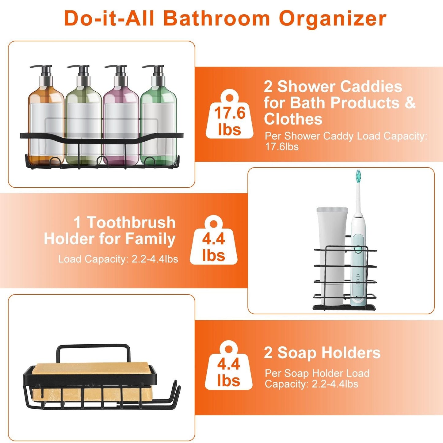 Estantes para ducha (paquete de 5) con 18 ganchos incorporados, estantes de almacenamiento a prueba de óxido para montar en la pared para baño, dormitorio, cocina, organizador de baño adhesivo para champú, cepillo de dientes y jabón