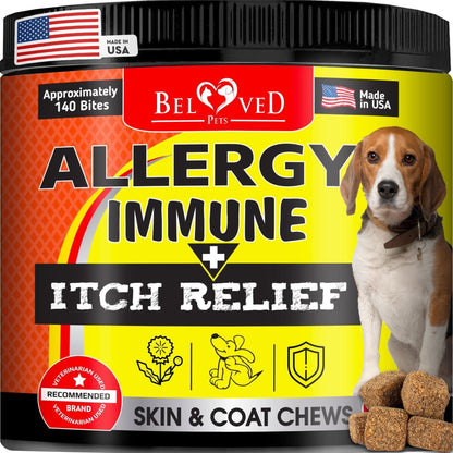 Masticables para perros, alivio de la alergia antipicazón, piel seca y con picazón, tratamiento de puntos calientes con probióticos, aceite omega 3, suplemento inmunológico, medicina para alergias estacionales para perros y cachorros, 140 unidades
