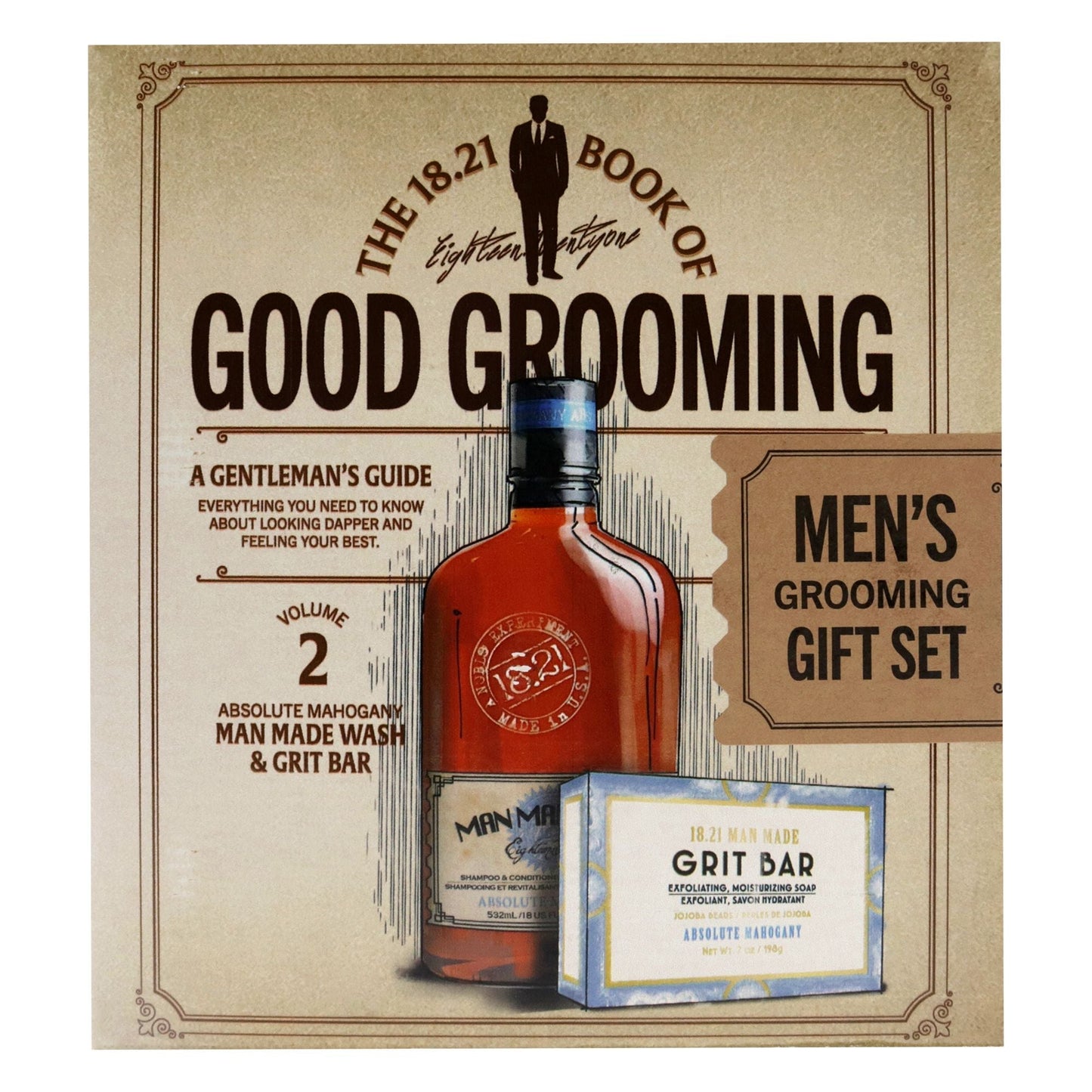 Set de Aseo Personal Volumen 2 - Caoba Absoluta por 18.21 Man Made para Hombre - 2 Piezas: Limpiador 3 en 1 para Cabello, Acondicionador y Gel de Ducha de 18 oz, y Barra Exfoliante de 7 oz