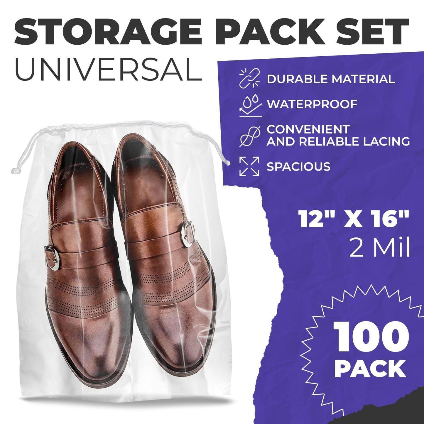 Bolsas de viaje transparentes con cordón para zapatos, 30 x 40 cm. Paquete de 100 bolsas antipolvo impermeables para zapatos con cordón doble de algodón. Bolsas de plástico PE de 2 mil con cordón para empacar, almacenar.