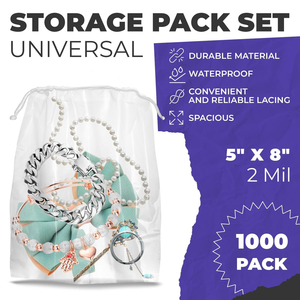 Bolsa transparente con cordón, 5 x 8 pulgadas. Paquete de 1000 bolsas de plástico transparente con cordón. Bolsas de plástico transparente con cordón de 2 mil. Bolsas de plástico transparente con cordón impermeables para cosméticos, artículos de tocador