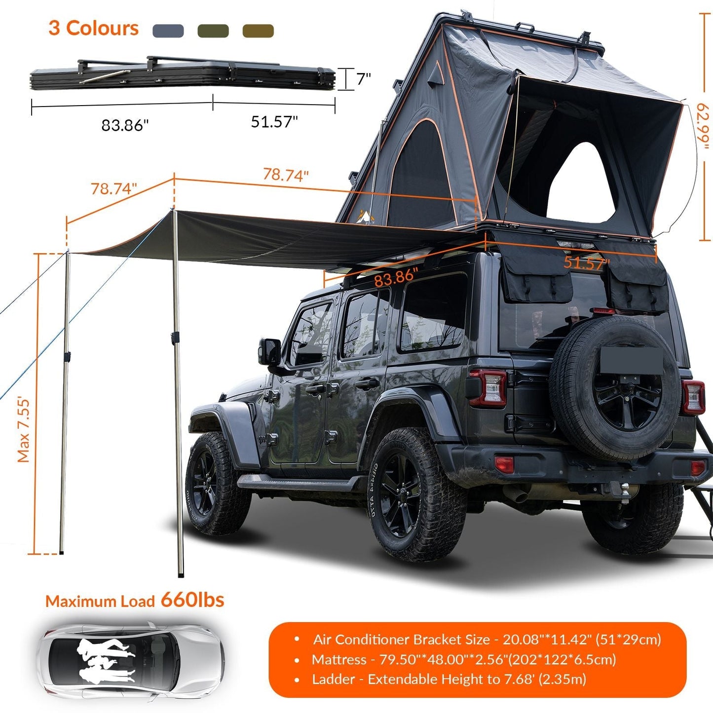Explorer Plus Tienda de Techo Rígida con Toldo Lateral, Salida de Aire Acondicionado con Soporte, Portaequipajes y Cortina de Lluvia de Malla Reemplazable, Tienda para Caja de Camioneta para Camping, Tienda de Techo para SUV con Apertura Automática