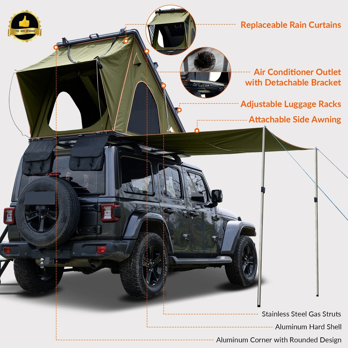 Explorer Plus Tienda de Techo Rígida con Toldo Lateral, Salida de Aire Acondicionado con Soporte, Portaequipajes y Cortina de Lluvia de Malla Reemplazable, Tienda para Caja de Camioneta para Camping, Tienda de Techo para SUV con Apertura Automática