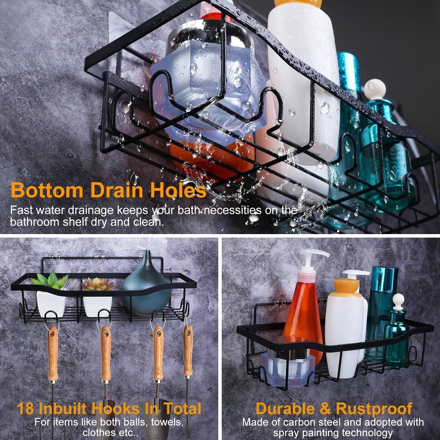 Estantes para ducha (paquete de 5) con 18 ganchos incorporados, estantes de almacenamiento a prueba de óxido para montar en la pared para baño, dormitorio, cocina, organizador de baño adhesivo para champú, cepillo de dientes y jabón
