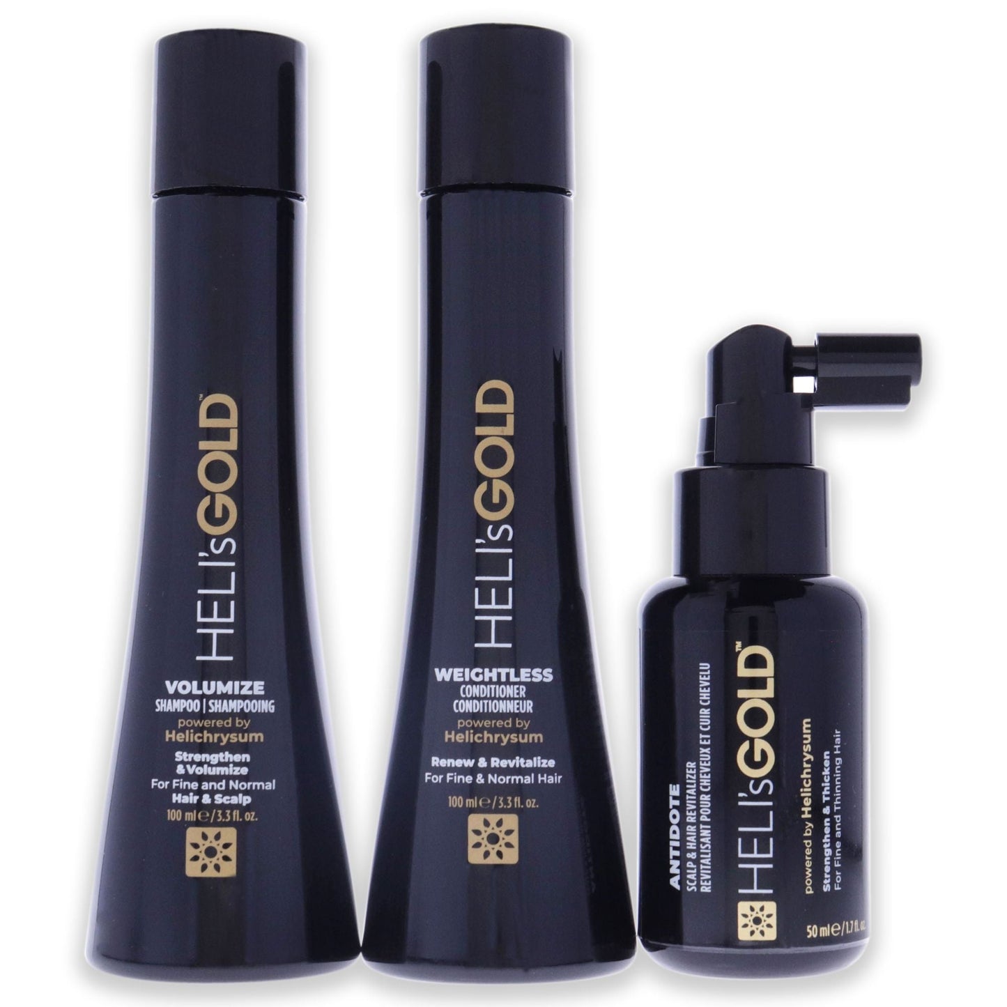Kit de Viaje Serie Volumen de Helis Gold para Unisex - Acondicionador Ligero de 3.3oz, Champú Voluminizador de 3.3oz, Revitalizador para Cuero Cabelludo y Cabello Antídoto de 1.7oz