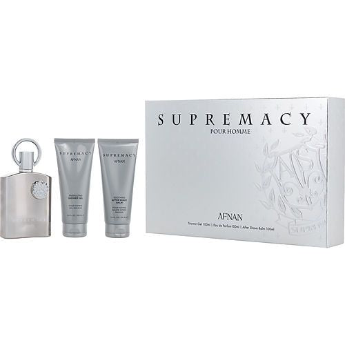 AFNAN SUPREMACY SILVER de Afnan Perfumes EAU DE PARFUM SPRAY 3.4 OZ & BÁLSAMO PARA DESPUÉS DEL AFEITADO 3.4 OZ & GEL DE DUCHA 3.4 OZ