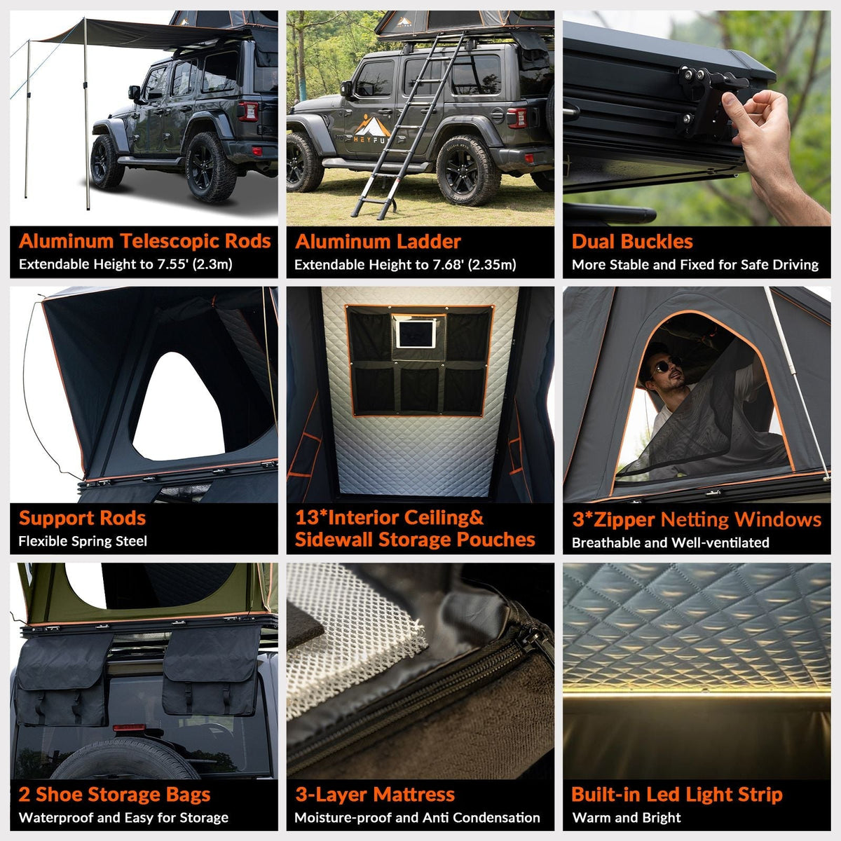 Explorer Plus Tienda de Techo Rígida con Toldo Lateral, Salida de Aire Acondicionado con Soporte, Portaequipajes y Cortina de Lluvia de Malla Reemplazable, Tienda para Caja de Camioneta para Camping, Tienda de Techo para SUV con Apertura Automática