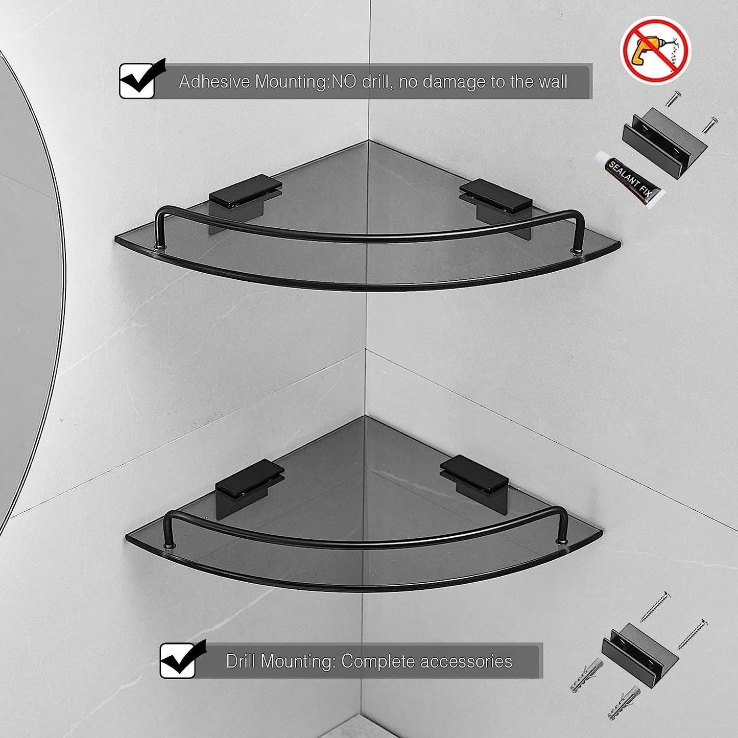 Estante esquinero de cristal para baño, estante de ducha esquinero negro de cristal templado con riel, organizador esquinero de baño, estantes de baño montados en la pared
