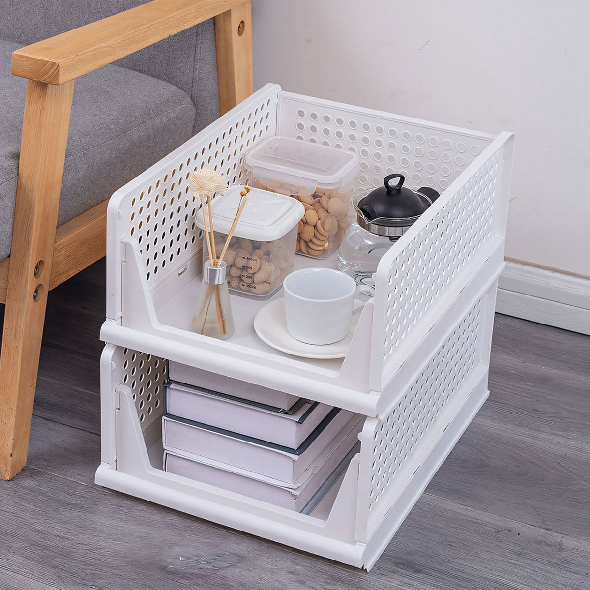 Paquete de 4 cajas organizadoras de plástico para armarios, contenedores de almacenamiento plegables, cajones apilables con riel deslizante, cesta de almacenamiento extraíble para sala de estar, dormitorio, armario, color blanco