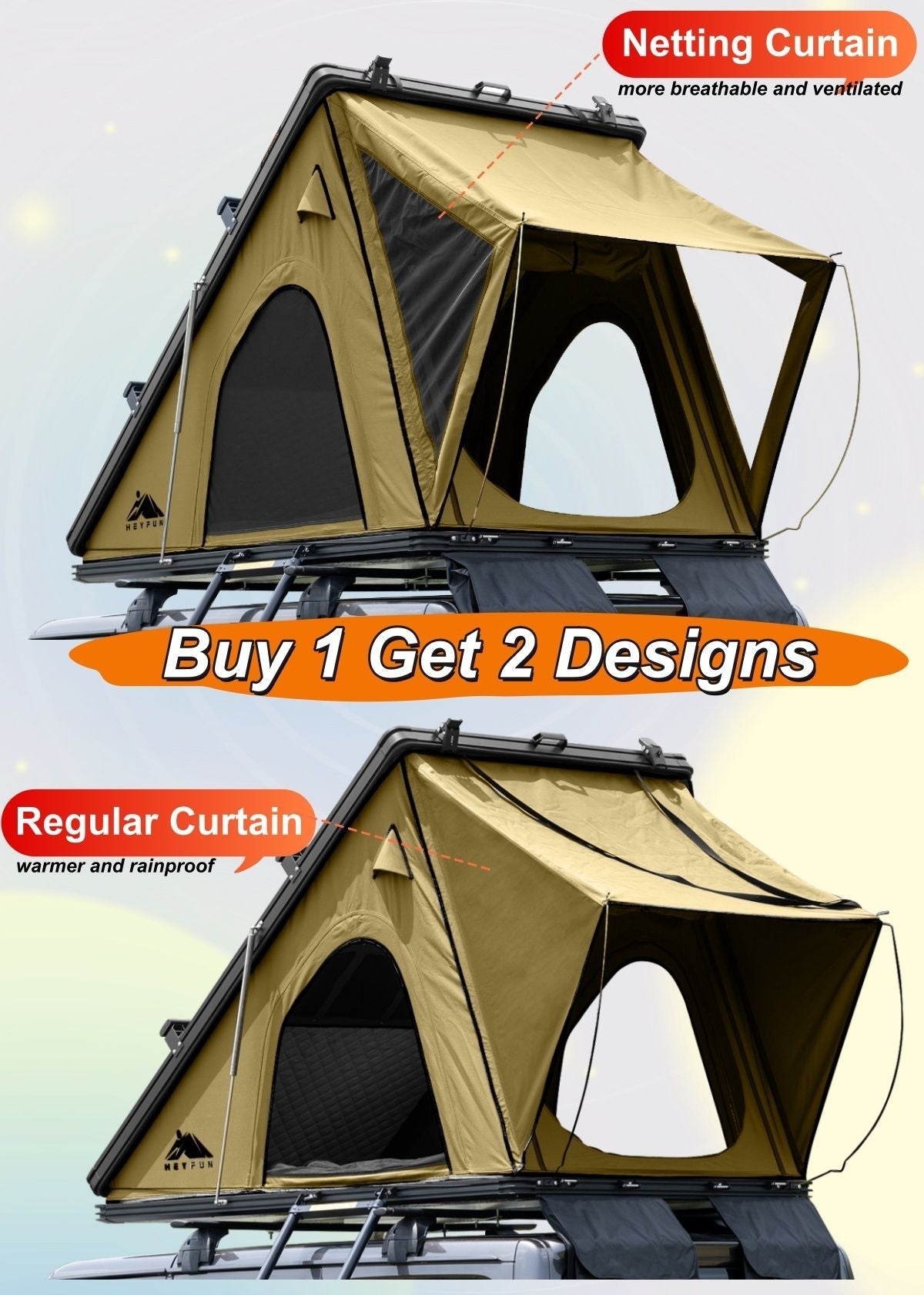 Explorer Plus Tienda de Techo Rígida con Toldo Lateral, Salida de Aire Acondicionado con Soporte, Portaequipajes y Cortina de Lluvia de Malla Reemplazable, Tienda para Caja de Camioneta para Camping, Tienda de Techo para SUV con Apertura Automática