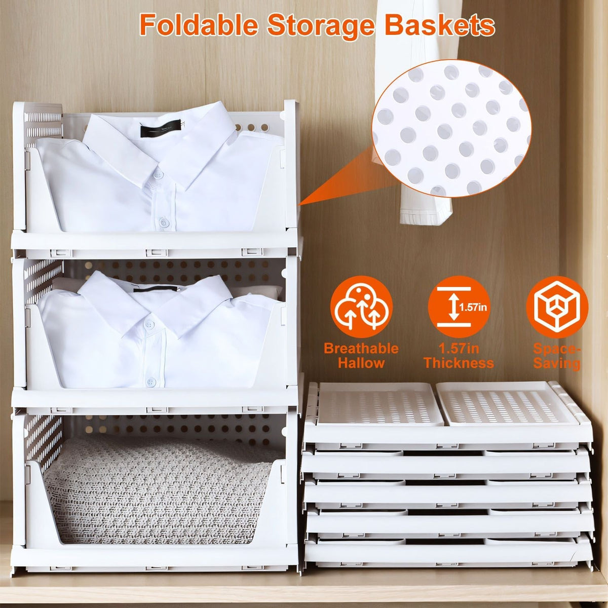 Paquete de 4 cajas organizadoras de plástico para armarios, contenedores de almacenamiento plegables, cajones apilables con riel deslizante, cesta de almacenamiento extraíble para sala de estar, dormitorio, armario, color blanco