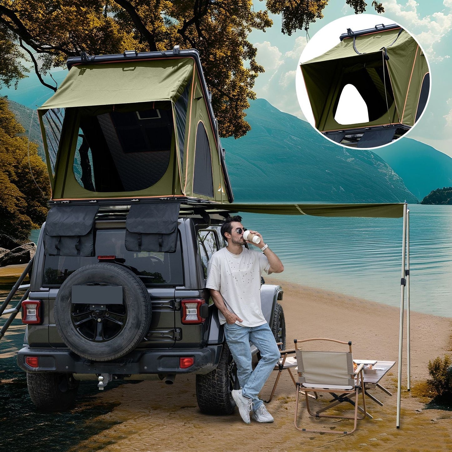 Explorer Plus Tienda de Techo Rígida con Toldo Lateral, Salida de Aire Acondicionado con Soporte, Portaequipajes y Cortina de Lluvia de Malla Reemplazable, Tienda para Caja de Camioneta para Camping, Tienda de Techo para SUV con Apertura Automática